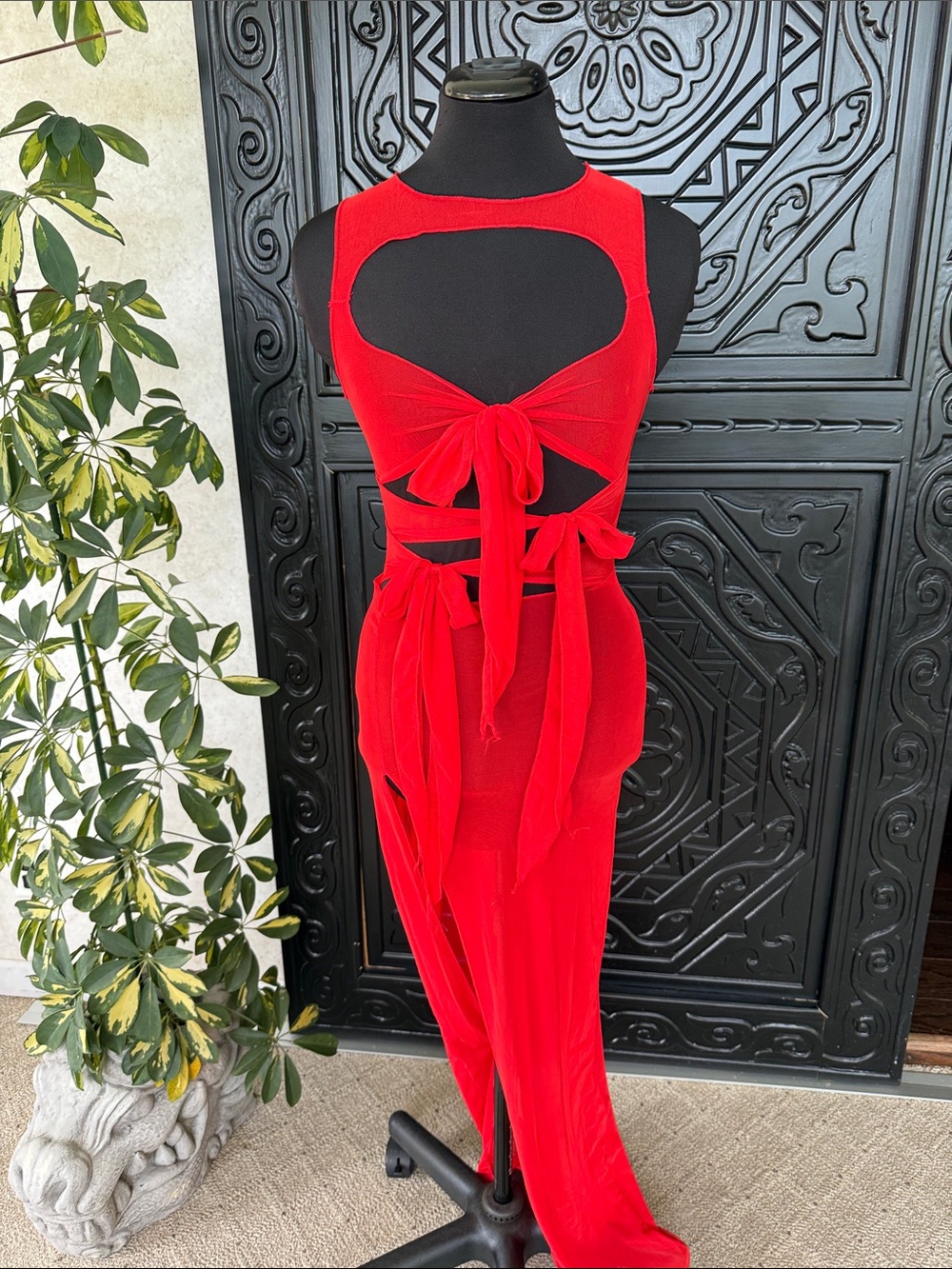 Red Tie-Front Cutout Sheer Dress